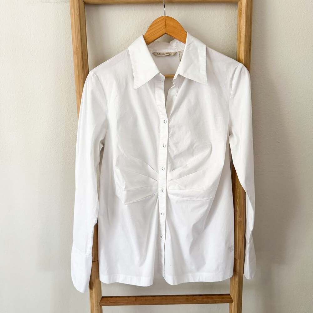 Soft Surroundings White Button Down Shirt Women’s Cotton Stretch Ruched Blouse L